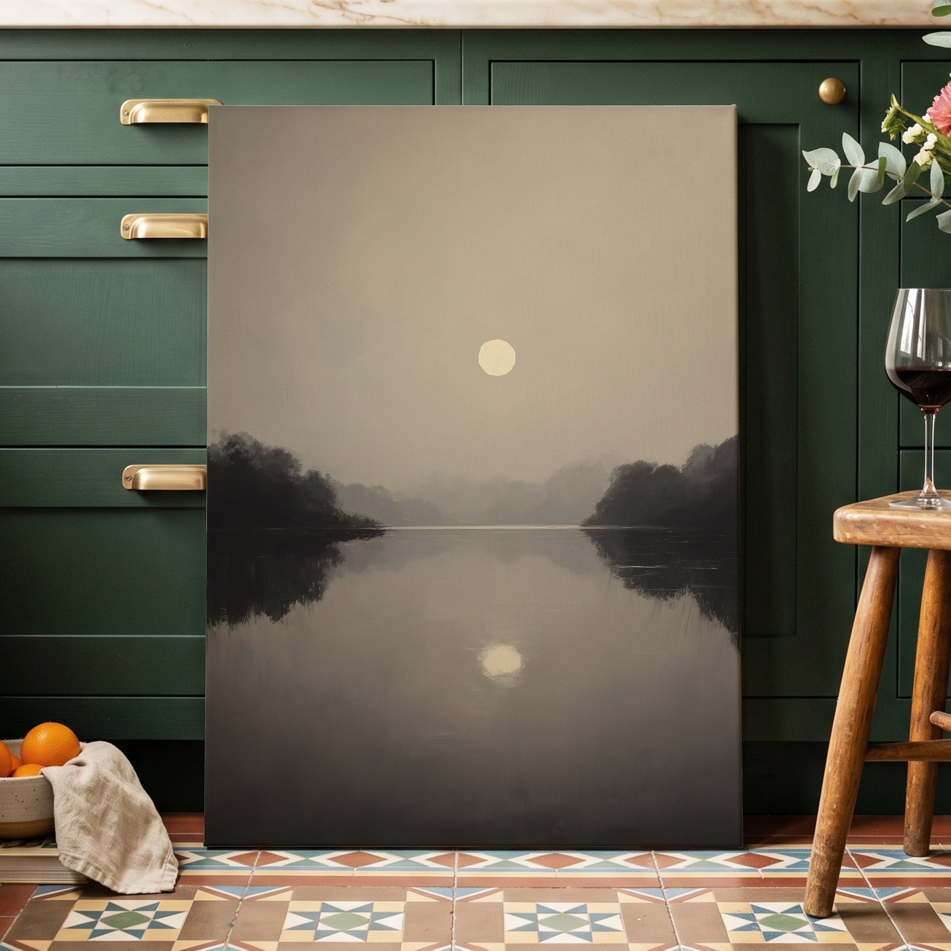 Stillwater Glow, gray, beige, black nature wall art displayed in a styled interior, gallery view 3