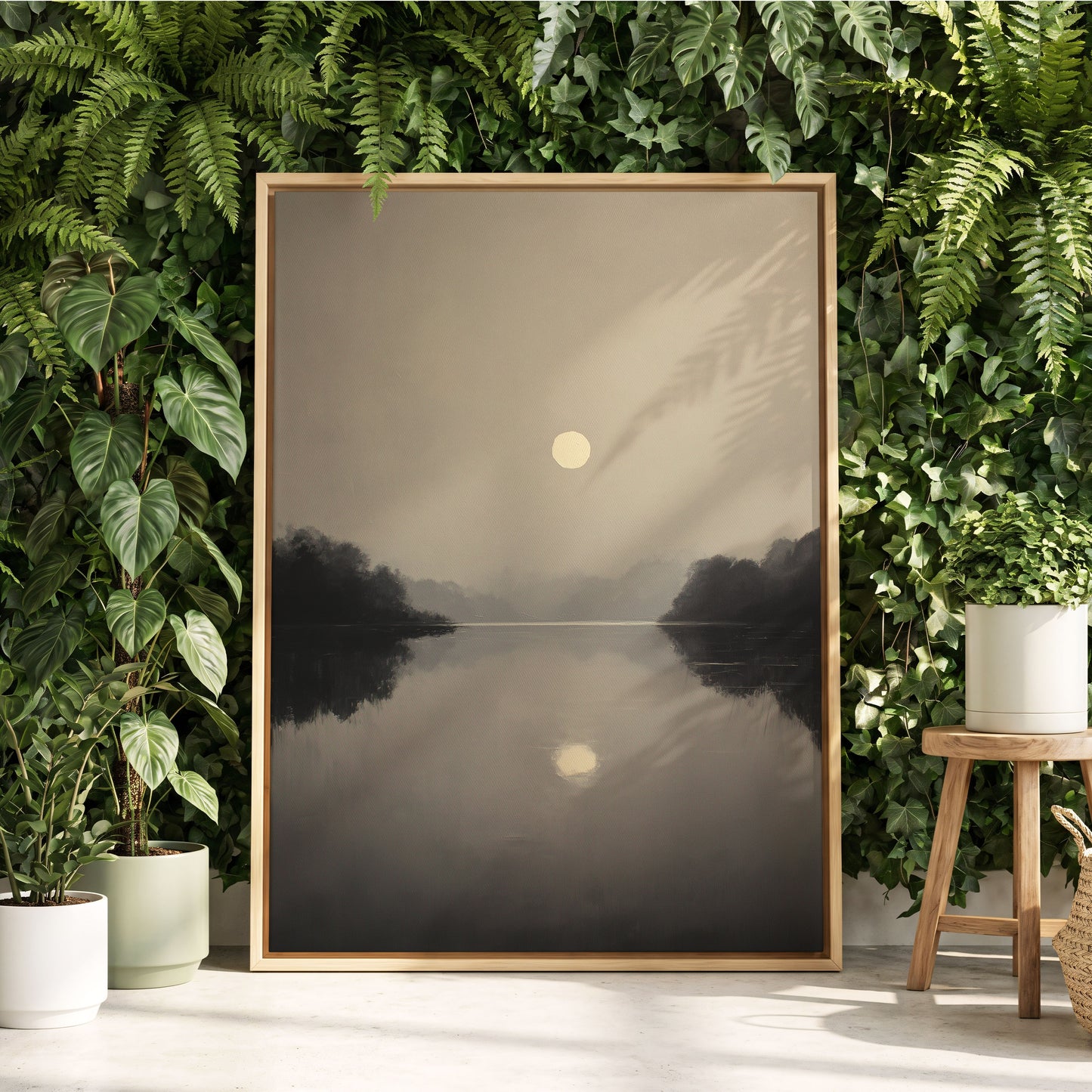 Stillwater Glow, gray, beige, black nature wall art displayed in a styled interior, gallery view 4