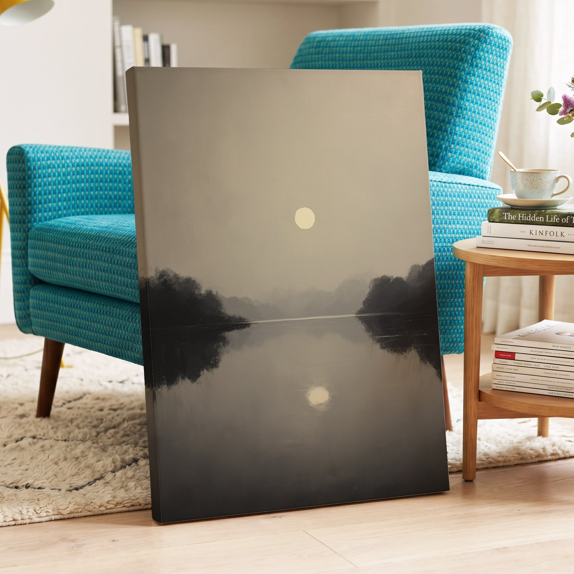 Stillwater Glow, gray, beige, black nature wall art displayed in a styled interior, gallery view 7
