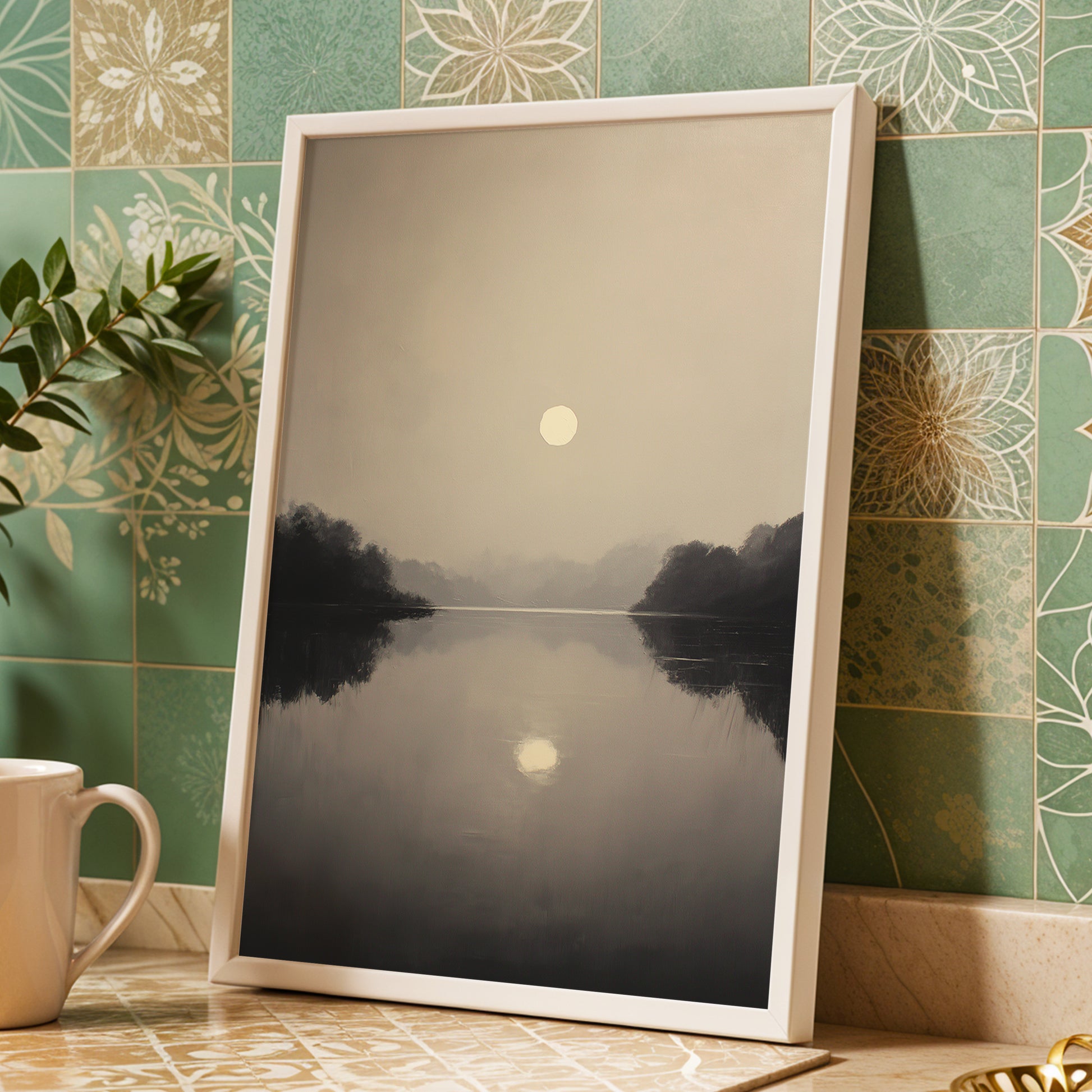 Stillwater Glow, gray, beige, black nature wall art displayed in a styled interior, gallery view 9