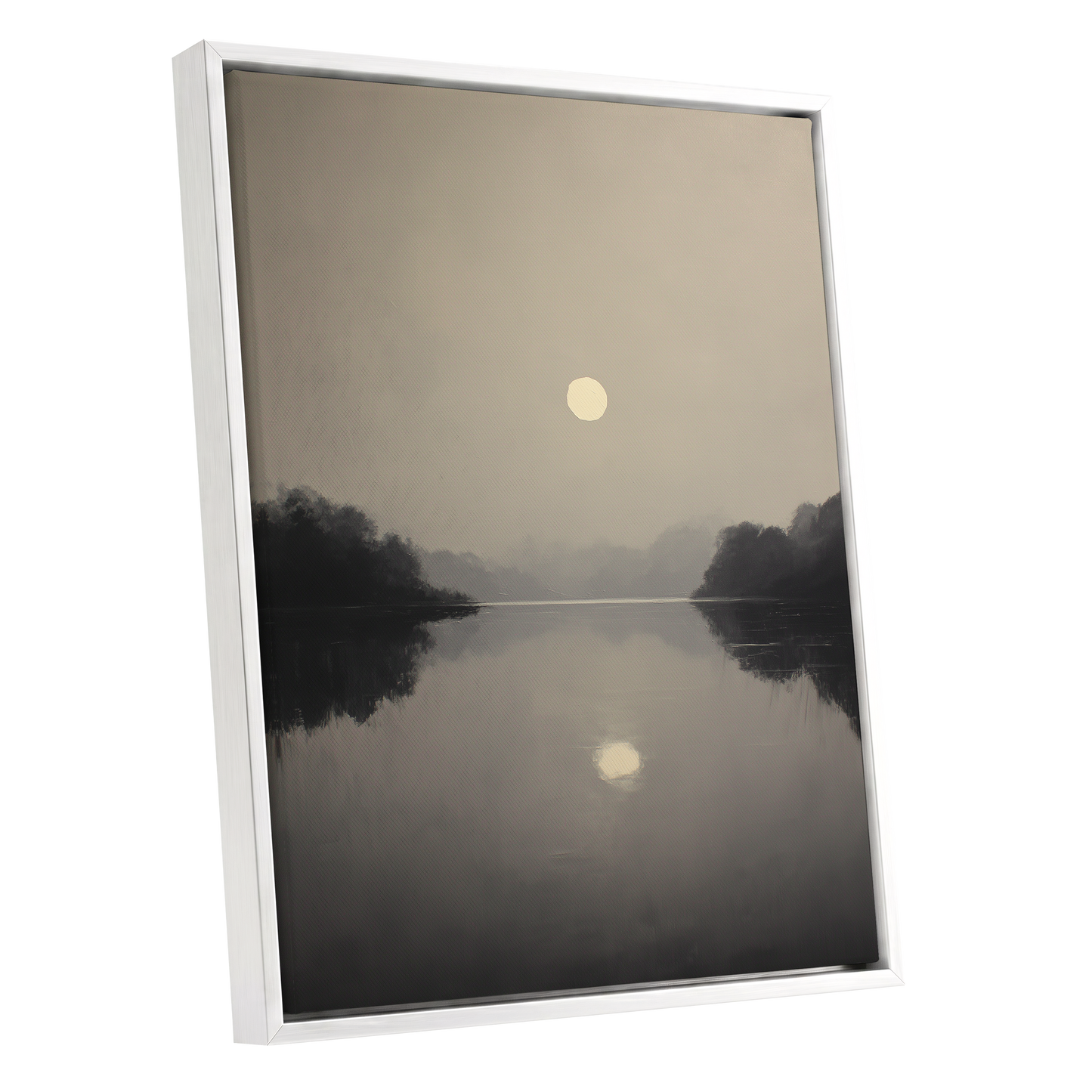 Stillwater Glow, gray, beige, black nature wall art shown as a white framed canvas wall art