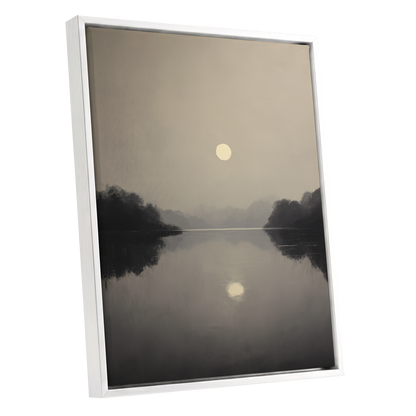 Stillwater Glow, gray, beige, black nature wall art shown as a white framed canvas wall art