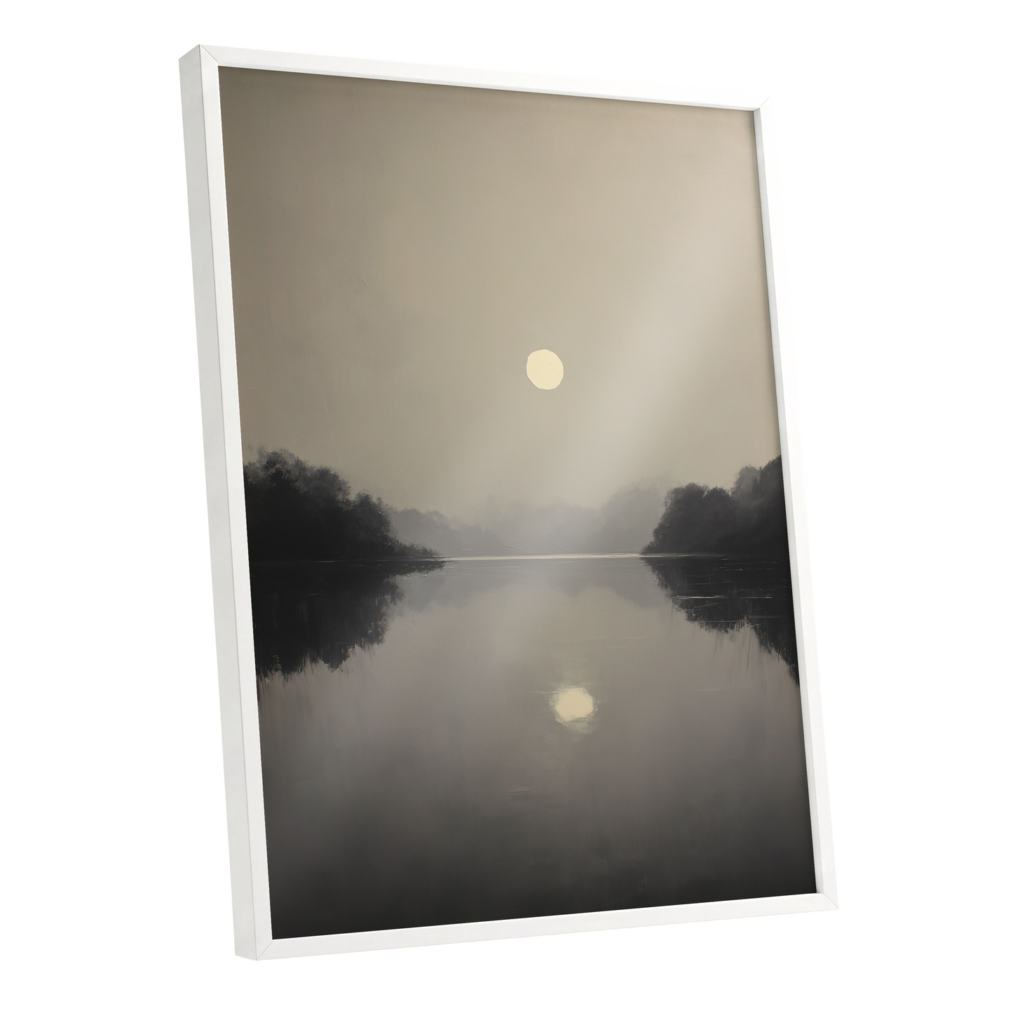 Stillwater Glow, gray, beige, black nature wall art shown as a white framed poster wall art print