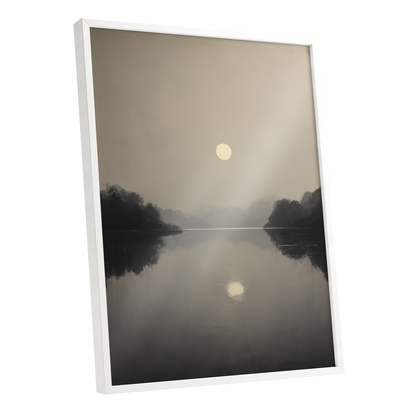 Stillwater Glow, gray, beige, black nature wall art shown as a white framed poster wall art print