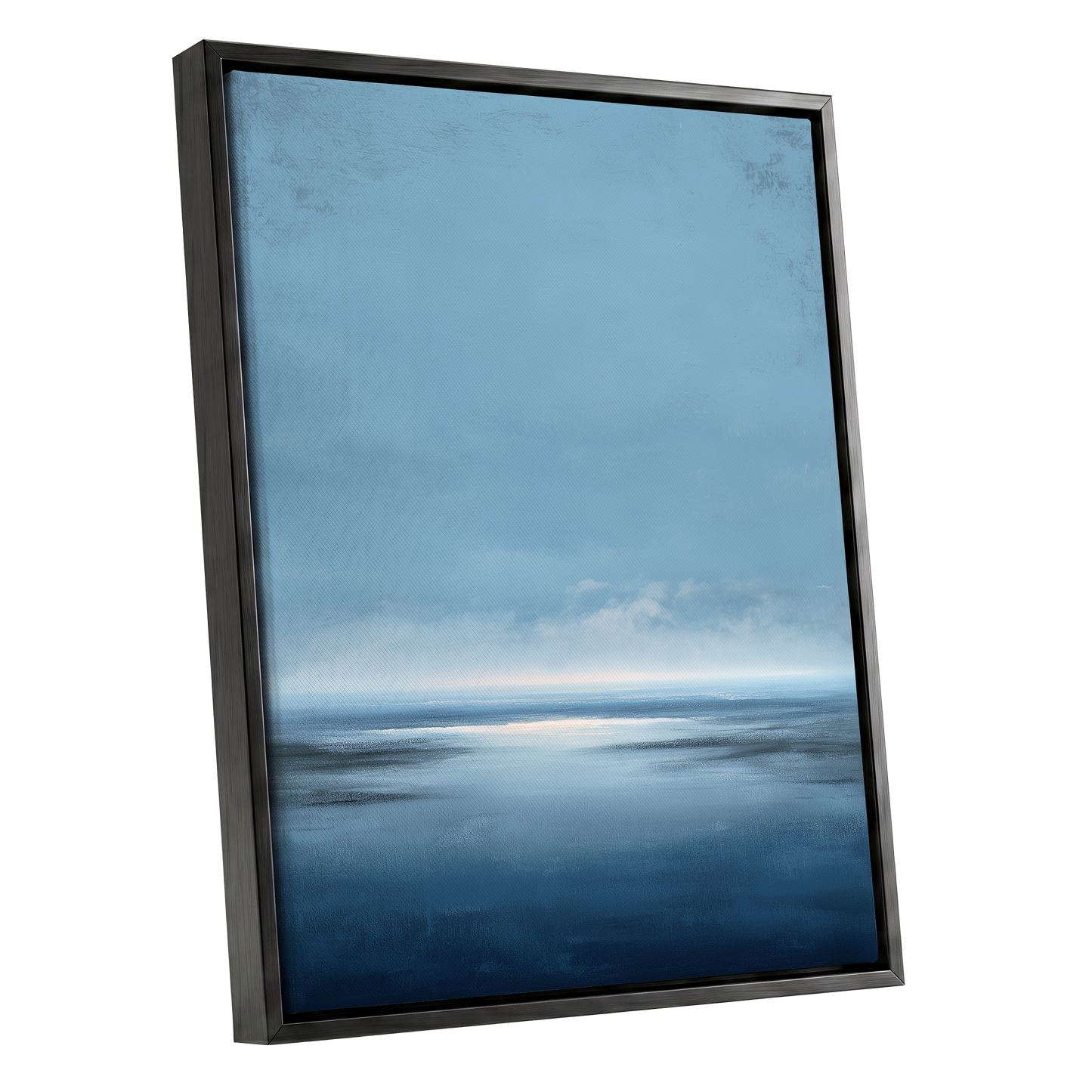 Stillwater Horizon, blue, white, gray nature wall art shown as a black framed canvas wall art