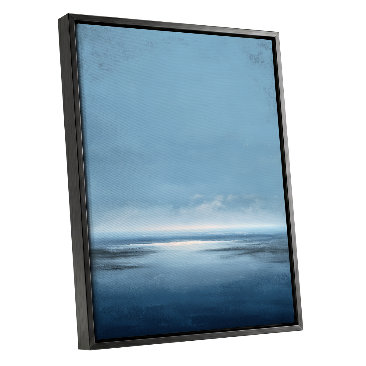 Stillwater Horizon, blue, white, gray nature wall art shown as a black framed canvas wall art