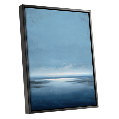 Stillwater Horizon, blue, white, gray nature wall art shown as a black framed canvas wall art