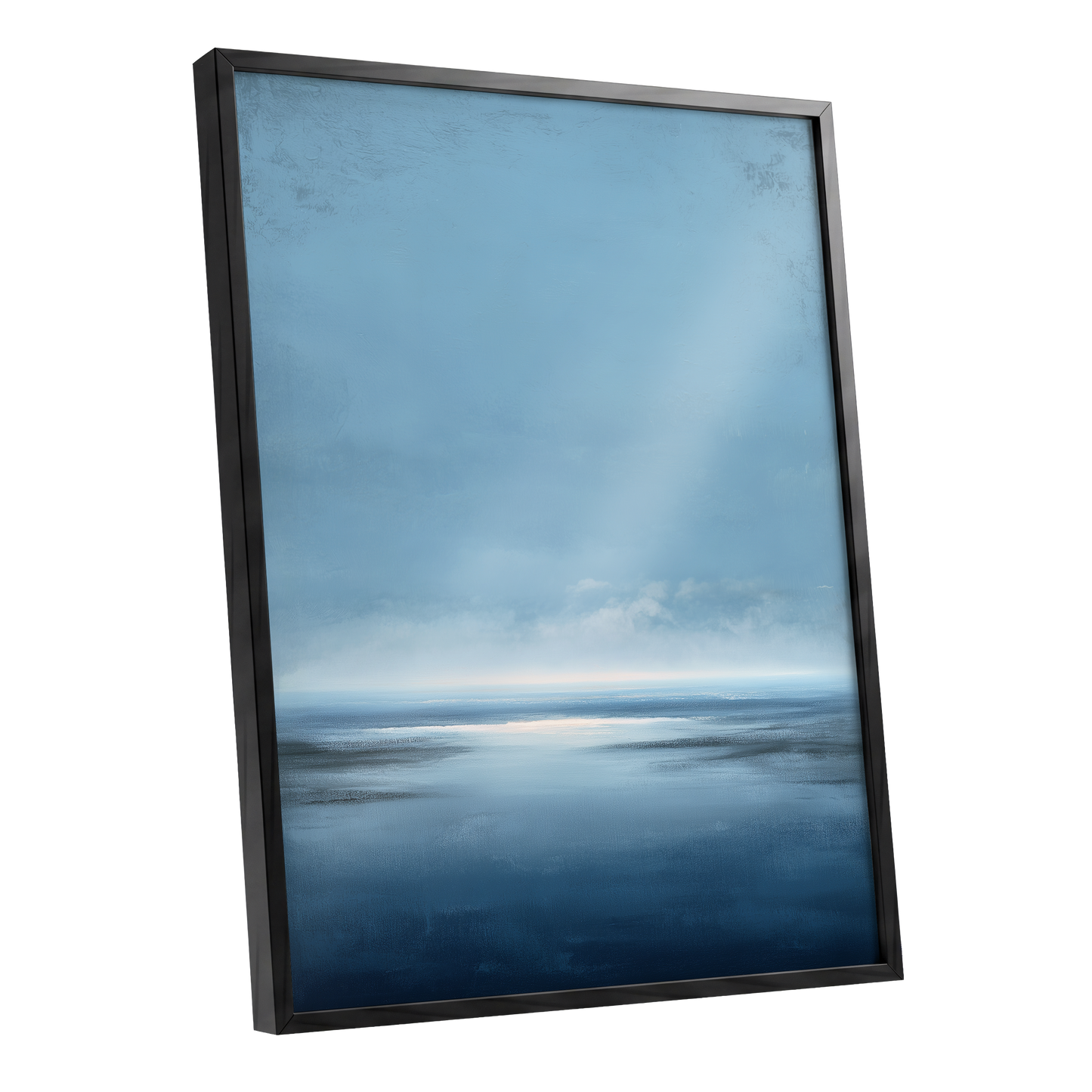 Stillwater Horizon, blue, white, gray nature wall art shown as a black framed poster wall art print