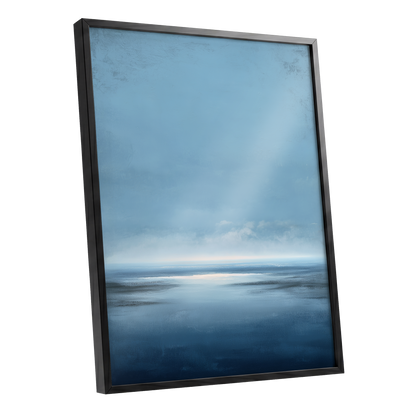Stillwater Horizon, blue, white, gray nature wall art shown as a black framed poster wall art print