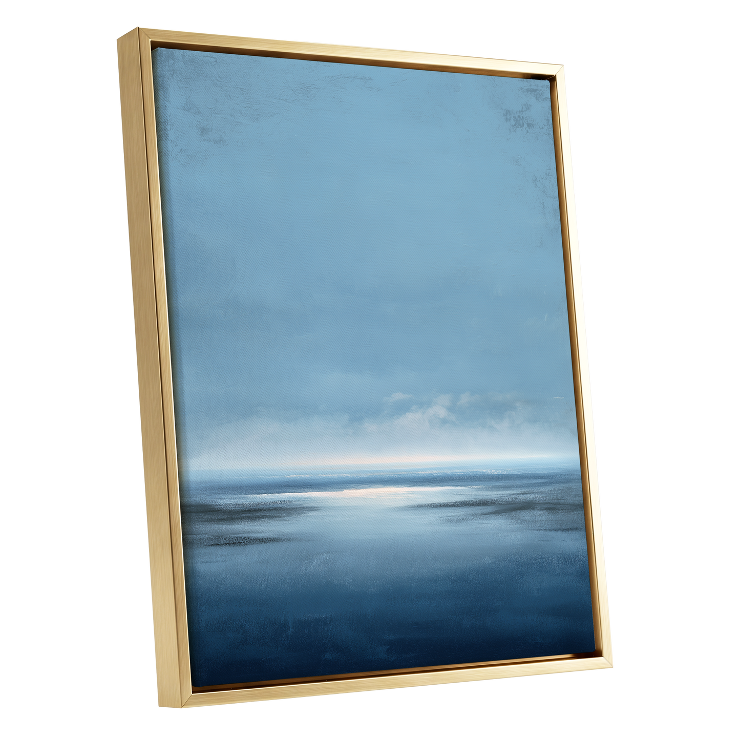 Stillwater Horizon, blue, white, gray nature wall art shown as a gold framed canvas wall art