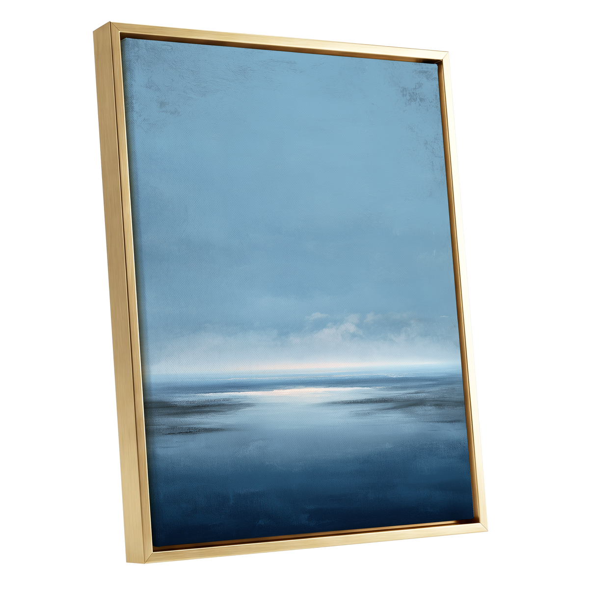 Stillwater Horizon, blue, white, gray nature wall art shown as a gold framed canvas wall art