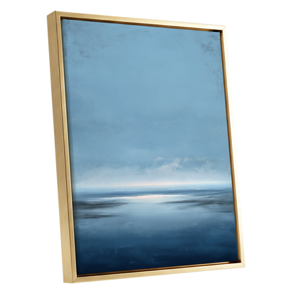 Stillwater Horizon, blue, white, gray nature wall art shown as a gold framed canvas wall art