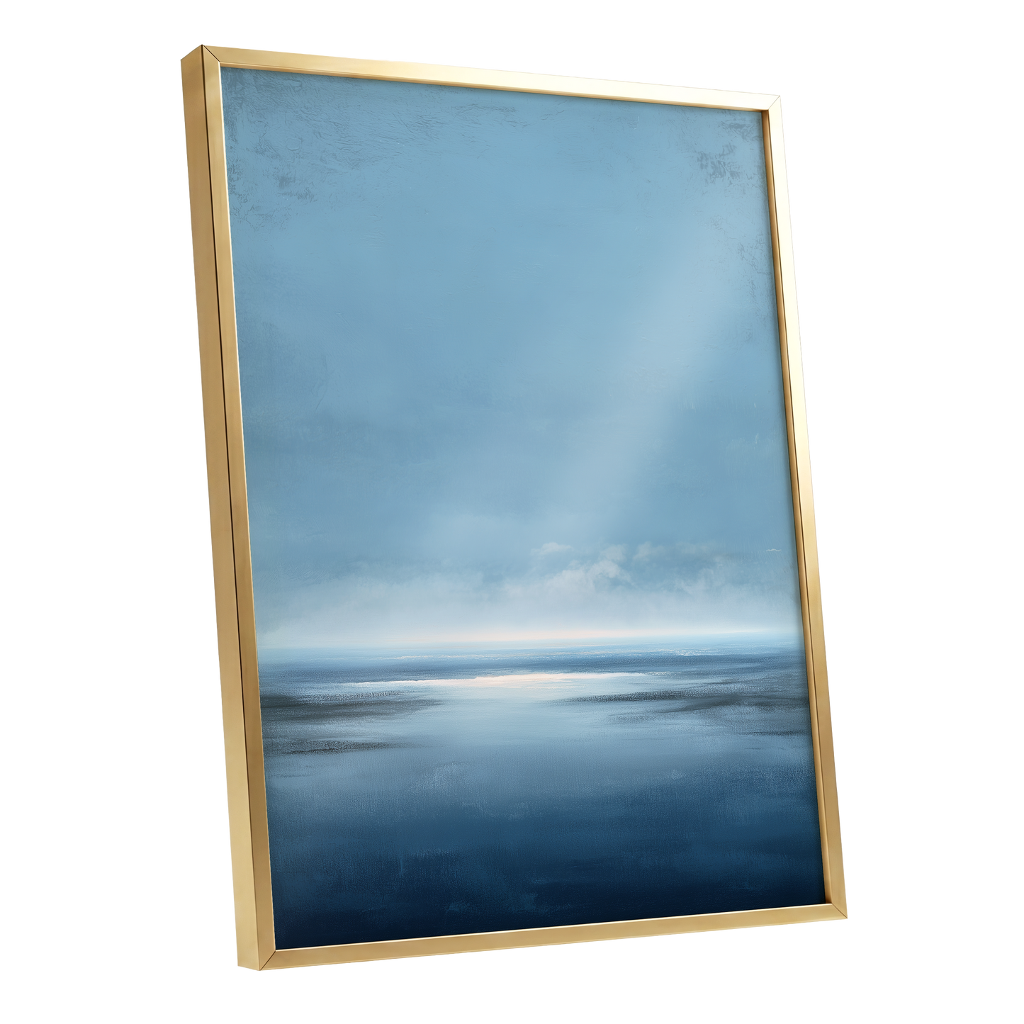 Stillwater Horizon, blue, white, gray nature wall art shown as a gold framed poster wall art print