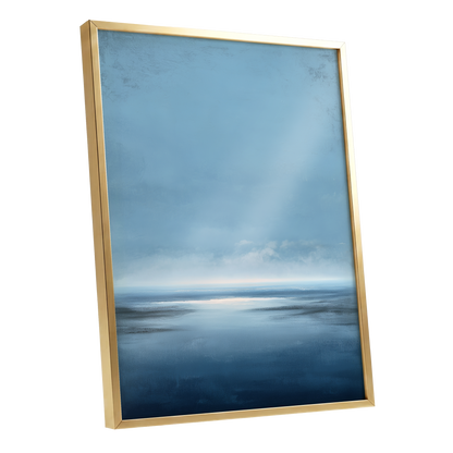 Stillwater Horizon, blue, white, gray nature wall art shown as a gold framed poster wall art print