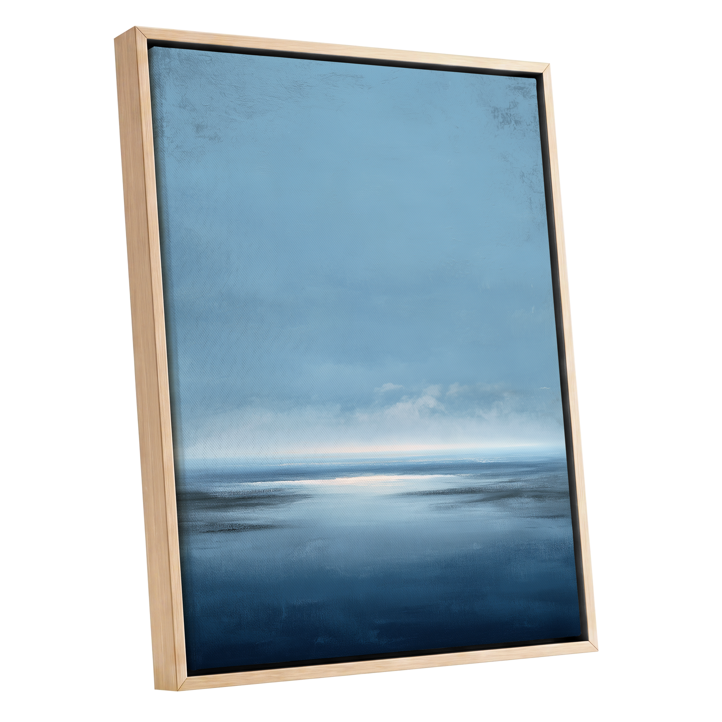 Stillwater Horizon, blue, white, gray nature wall art shown as a oak framed canvas wall art