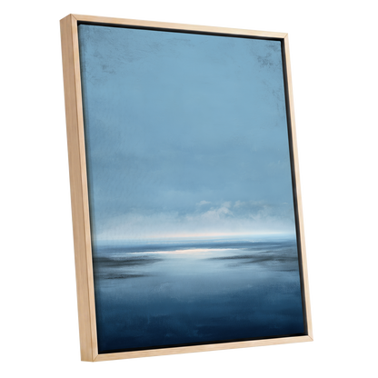 Stillwater Horizon, blue, white, gray nature wall art shown as a oak framed canvas wall art