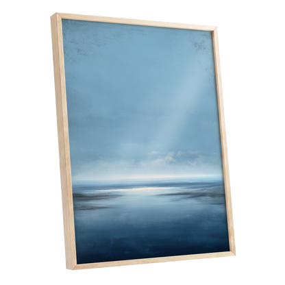 Stillwater Horizon, blue, white, gray nature wall art shown as a oak framed poster wall art print