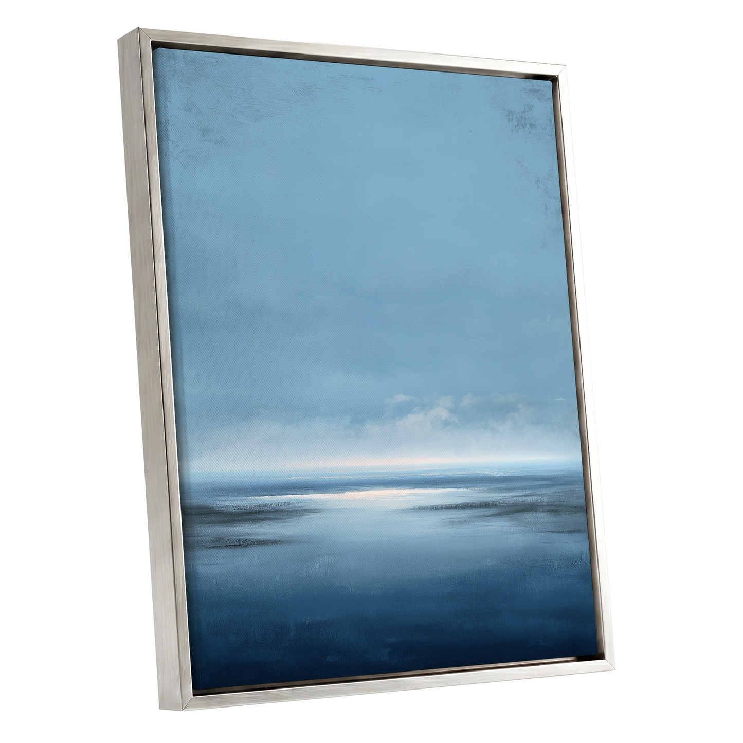 Stillwater Horizon, blue, white, gray nature wall art shown as a silver framed canvas wall art