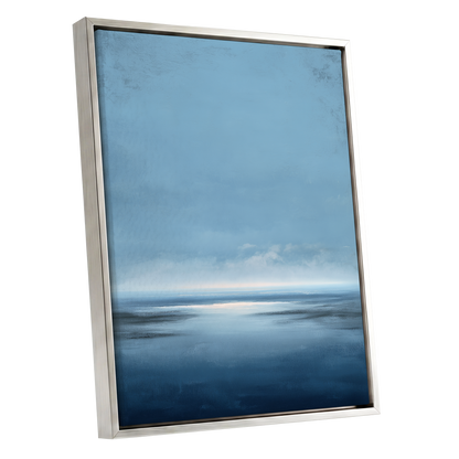 Stillwater Horizon, blue, white, gray nature wall art shown as a silver framed canvas wall art