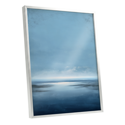Stillwater Horizon, blue, white, gray nature wall art shown as a silver framed poster wall art print