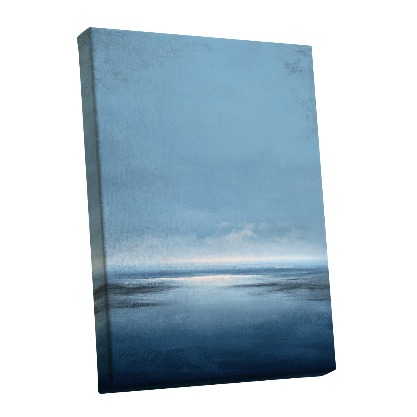 Stillwater Horizon, blue, white, gray nature wall art shown as a stretched canvas wall art