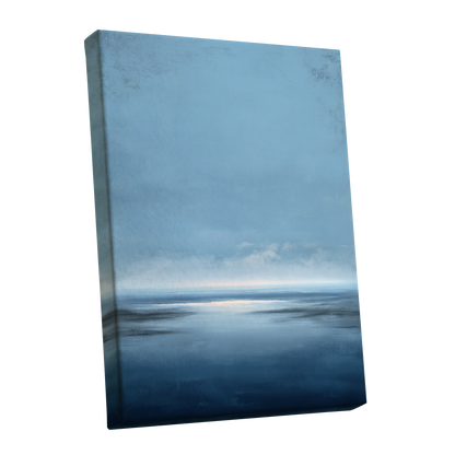 Stillwater Horizon, blue, white, gray nature wall art shown as a stretched canvas wall art