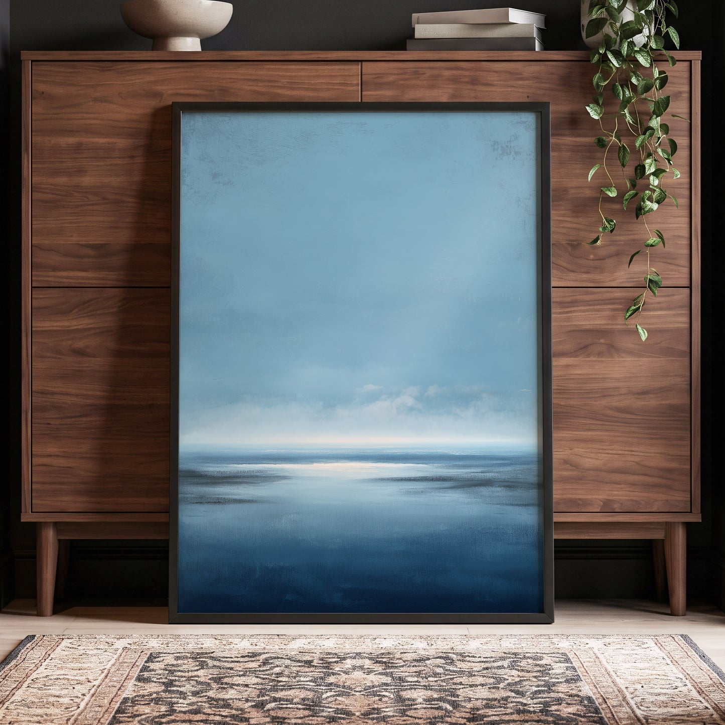 Stillwater Horizon, blue, white, gray nature wall art displayed in a styled interior, gallery view 2