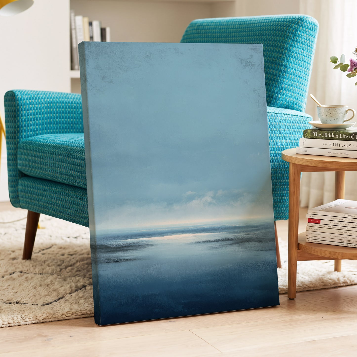 Stillwater Horizon, blue, white, gray nature wall art displayed in a styled interior, gallery view 3