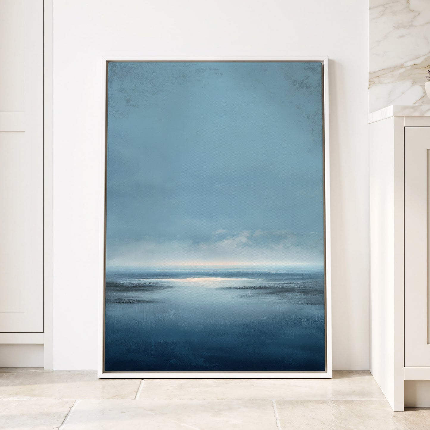 Stillwater Horizon, blue, white, gray nature wall art displayed in a styled interior, gallery view 4