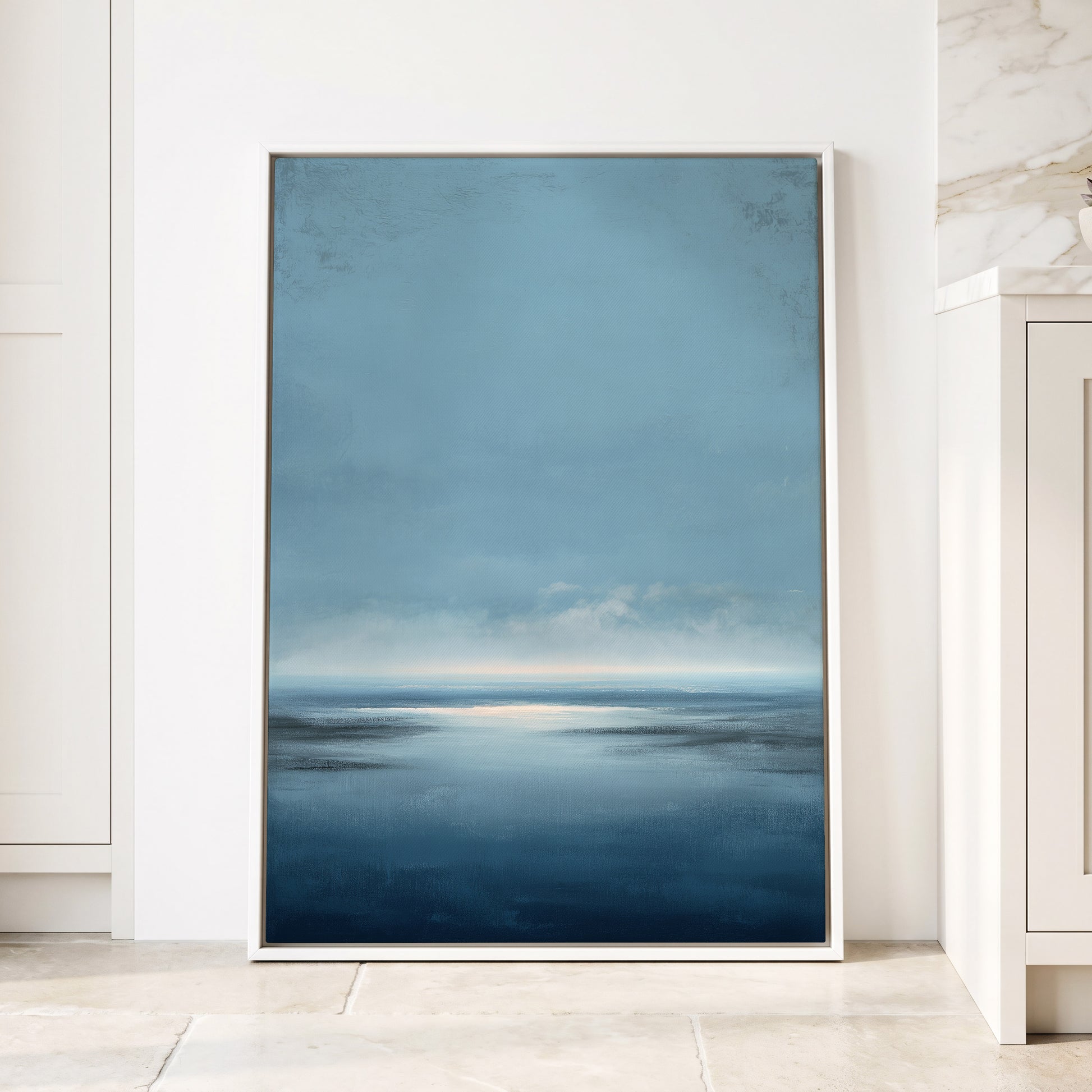 Stillwater Horizon, blue, white, gray nature wall art displayed in a styled interior, gallery view 4
