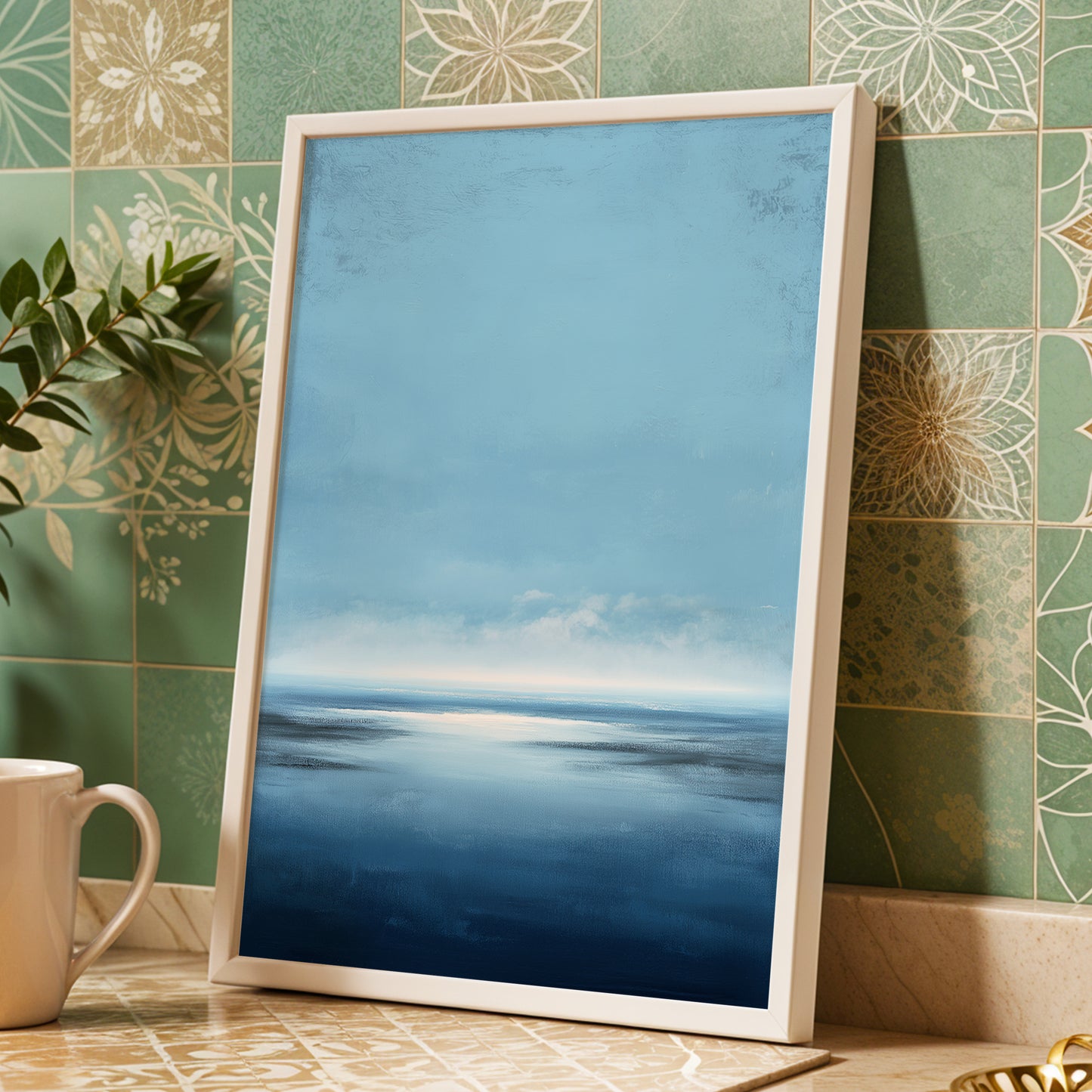 Stillwater Horizon, blue, white, gray nature wall art displayed in a styled interior, gallery view 6