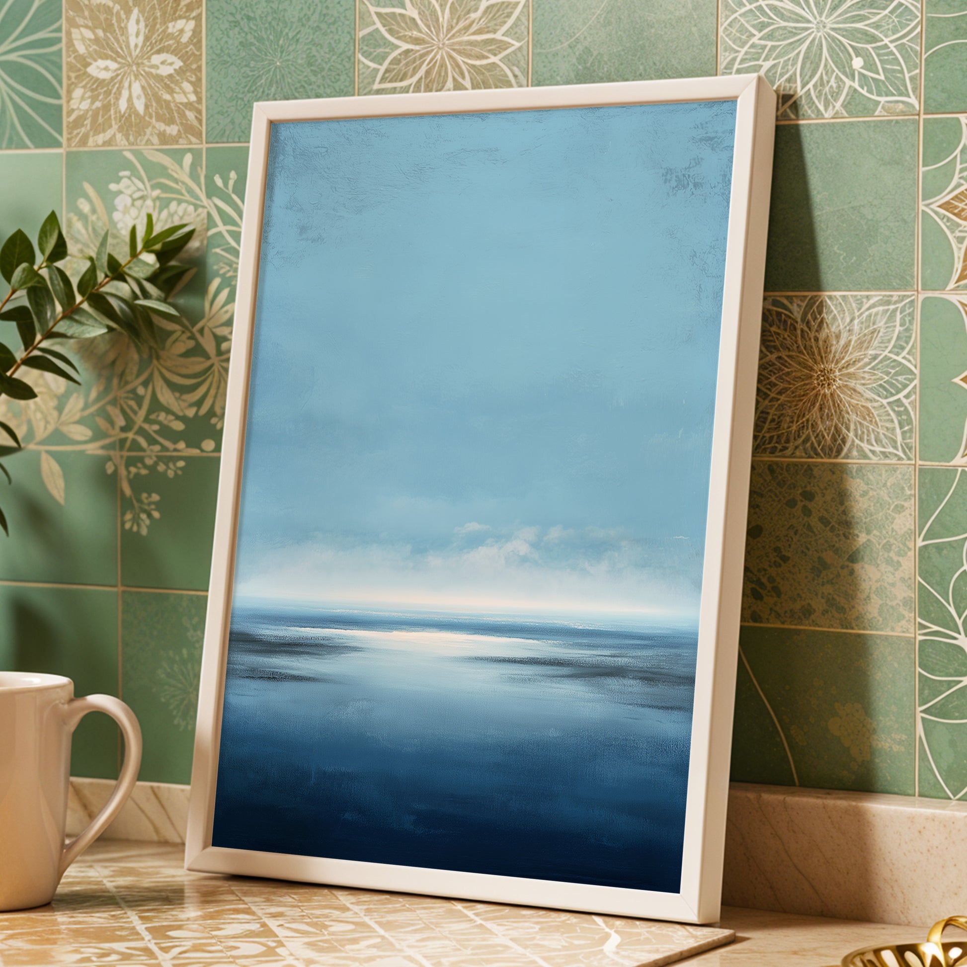Stillwater Horizon, blue, white, gray nature wall art displayed in a styled interior, gallery view 6