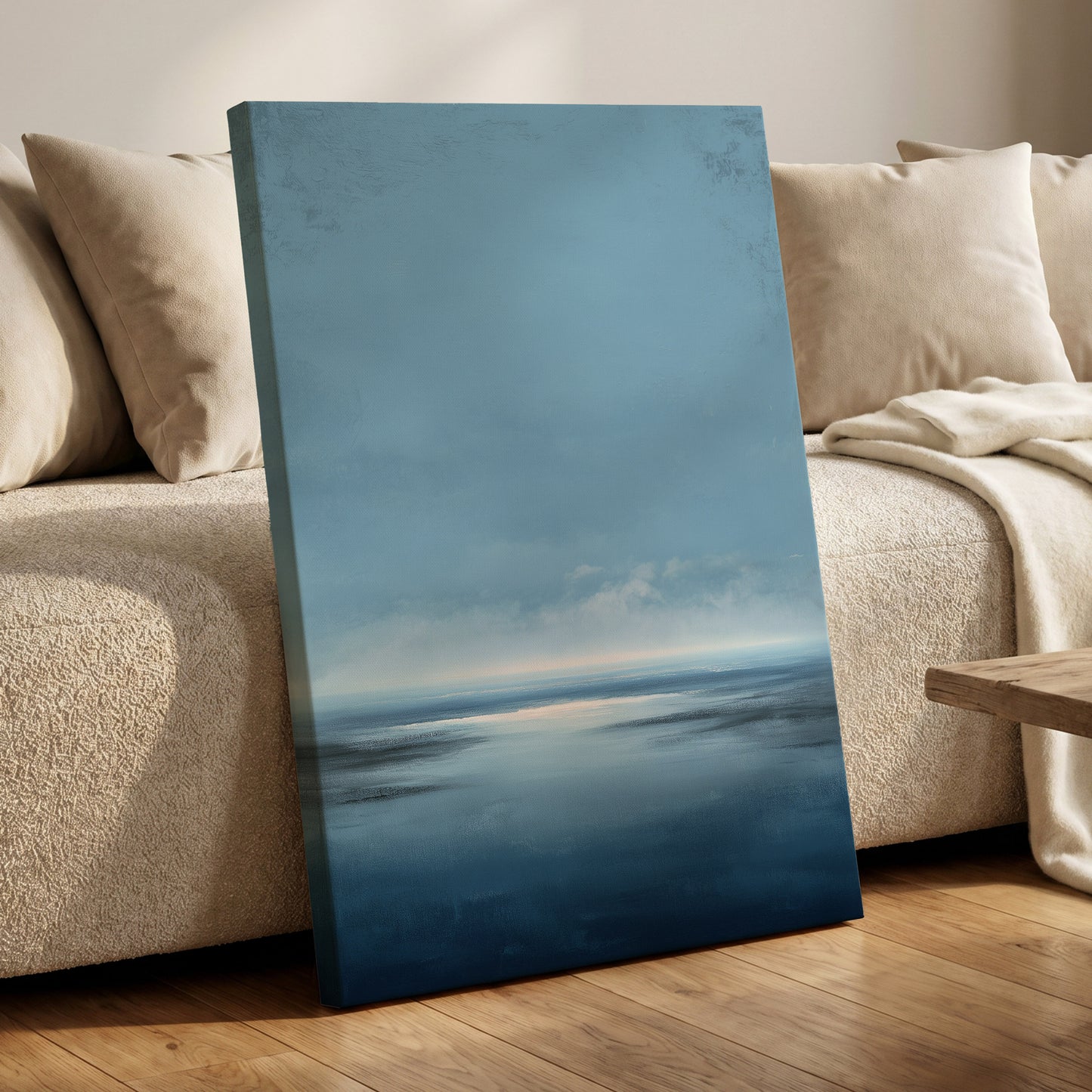 Stillwater Horizon, blue, white, gray nature wall art displayed in a styled interior, gallery view 7