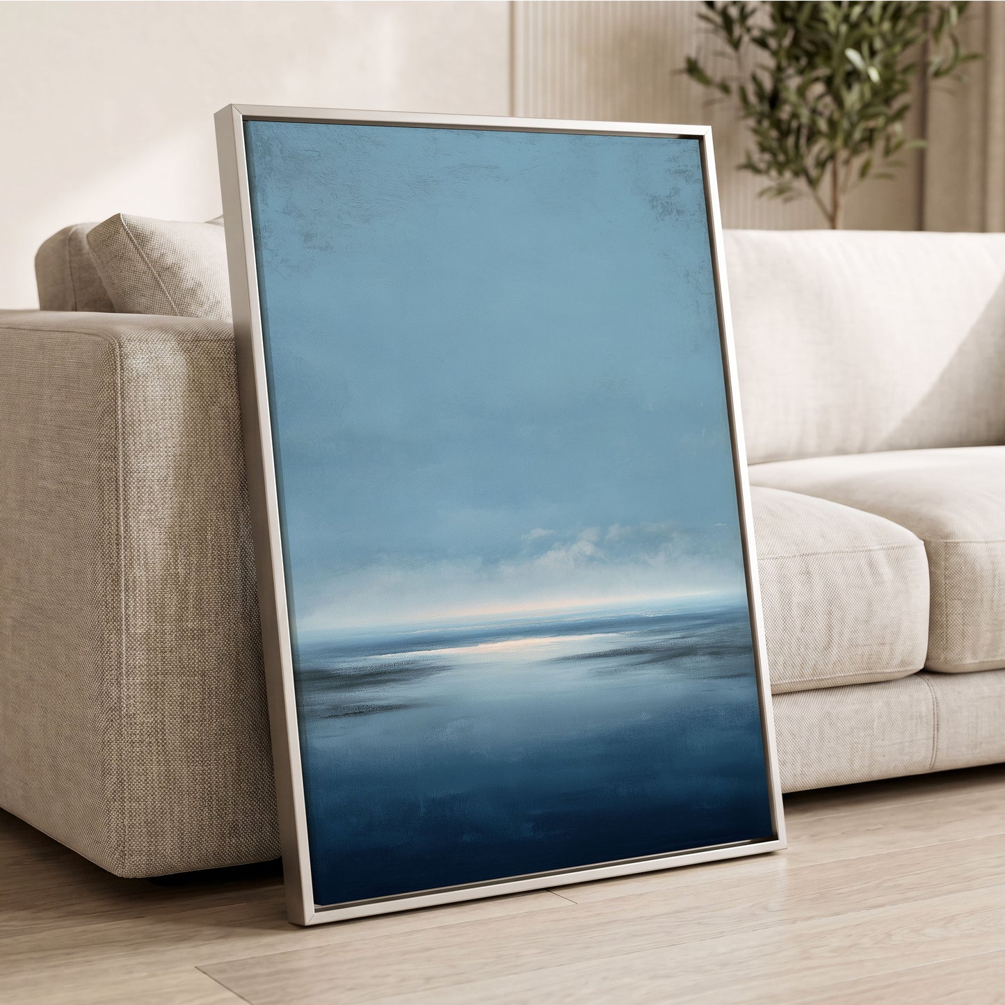 Stillwater Horizon, blue, white, gray nature wall art displayed in a styled interior, gallery view 8