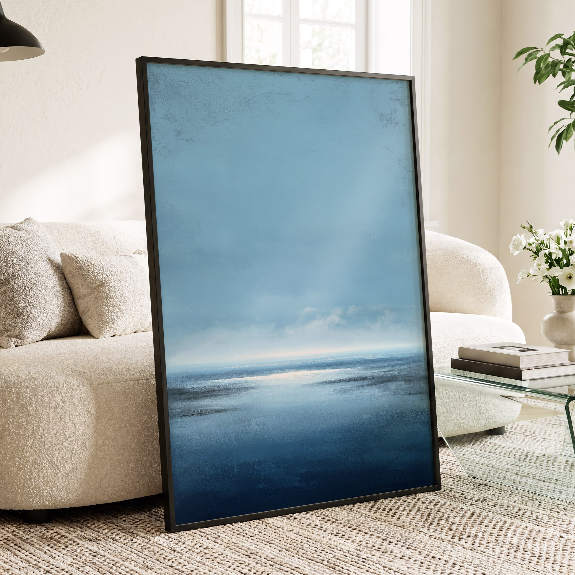 Stillwater Horizon, blue, white, gray nature wall art displayed in a styled interior, gallery view 9