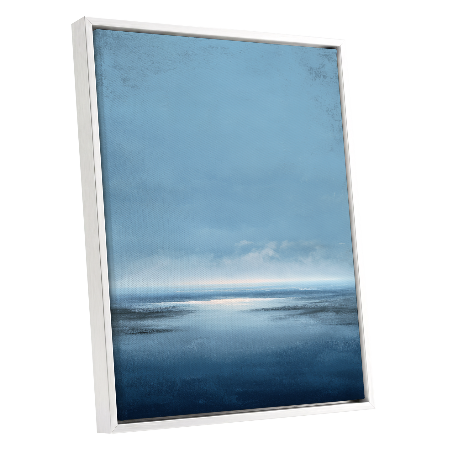 Stillwater Horizon, blue, white, gray nature wall art shown as a white framed canvas wall art