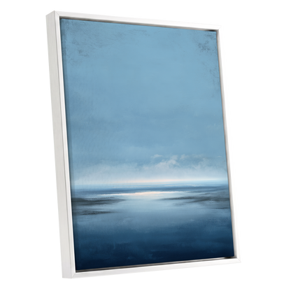 Stillwater Horizon, blue, white, gray nature wall art shown as a white framed canvas wall art