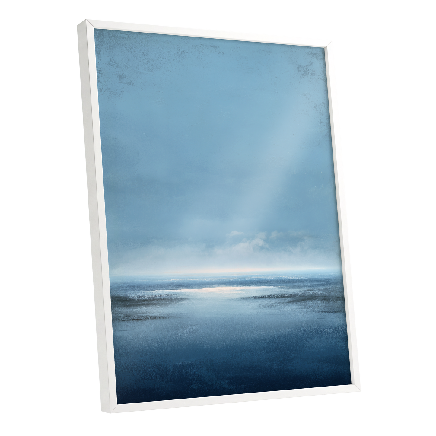 Stillwater Horizon, blue, white, gray nature wall art shown as a white framed poster wall art print