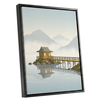 Stillwater Pavilion, blue, gray, beige nature wall art shown as a black framed canvas wall art