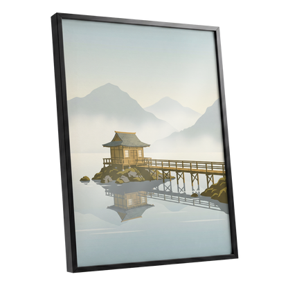 Stillwater Pavilion, blue, gray, beige nature wall art shown as a black framed poster wall art print