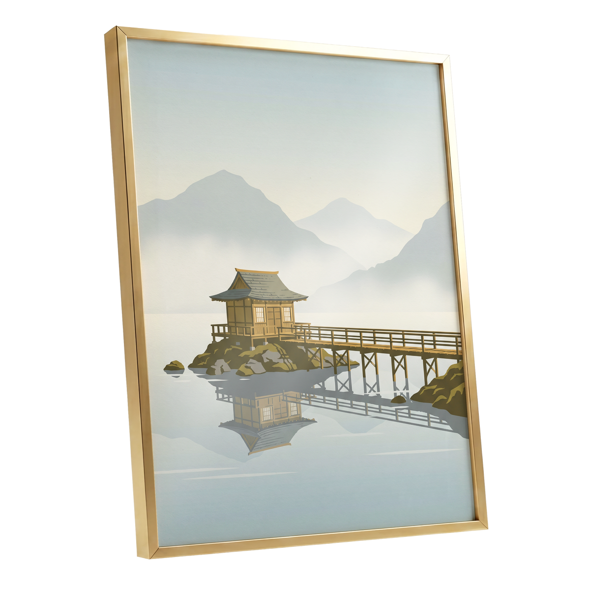 Stillwater Pavilion, blue, gray, beige nature wall art shown as a gold framed poster wall art print