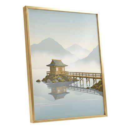 Stillwater Pavilion, blue, gray, beige nature wall art shown as a gold framed poster wall art print