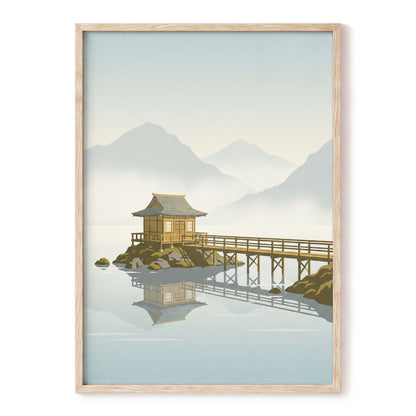 Stillwater Pavilion, blue, gray, beige nature wall art, front artwork view