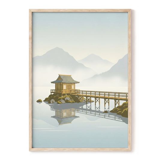 Stillwater Pavilion, blue, gray, beige nature wall art, front artwork view