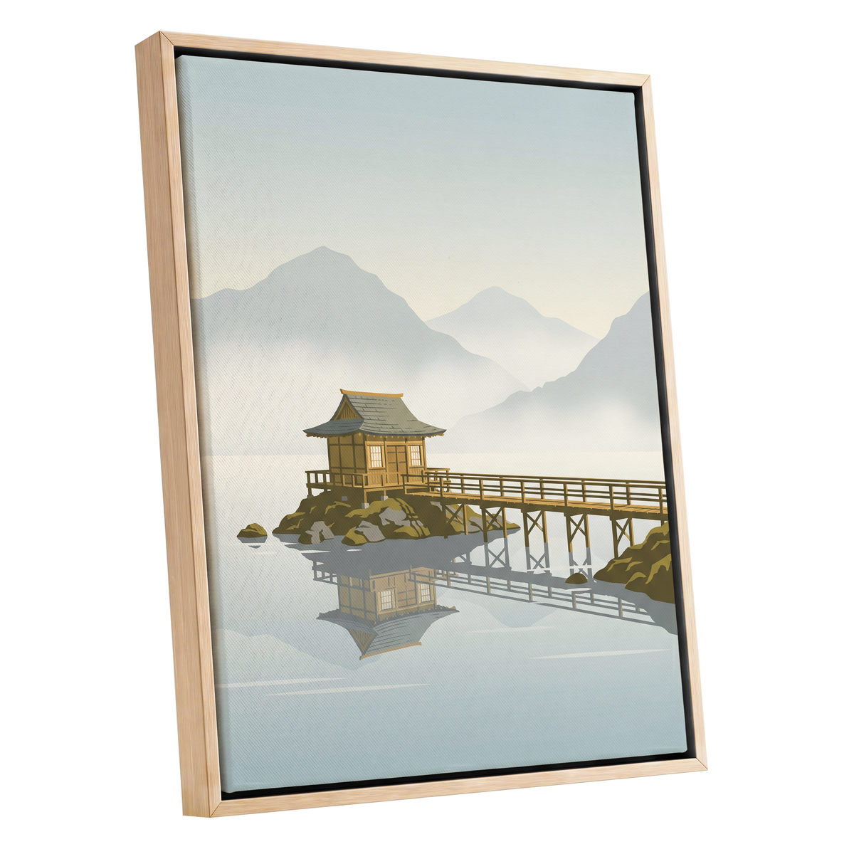 Stillwater Pavilion, blue, gray, beige nature wall art shown as a oak framed canvas wall art