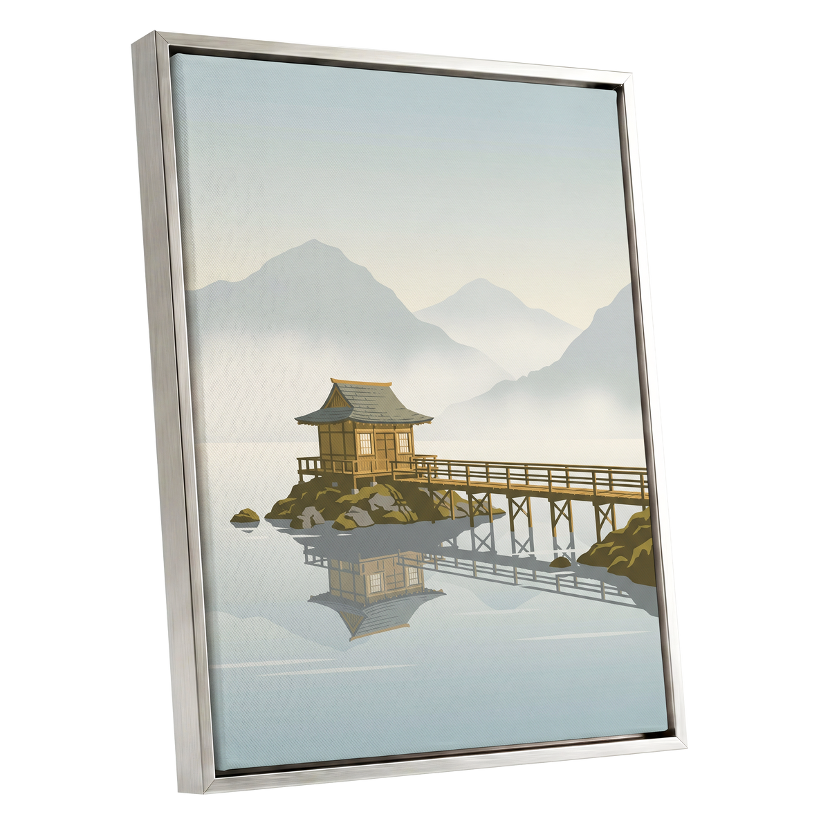 Stillwater Pavilion, blue, gray, beige nature wall art shown as a silver framed canvas wall art