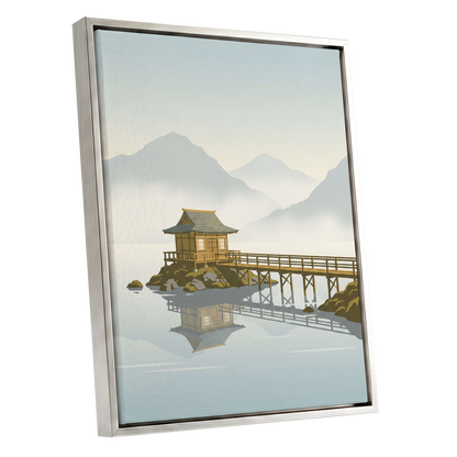 Stillwater Pavilion, blue, gray, beige nature wall art shown as a silver framed canvas wall art