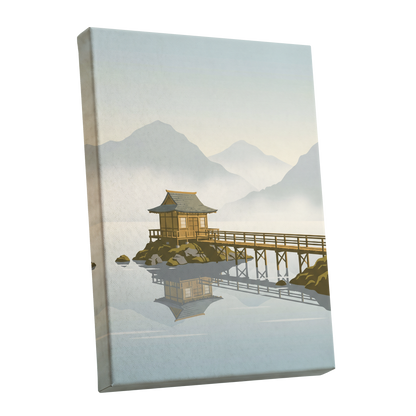 Stillwater Pavilion, blue, gray, beige nature wall art shown as a stretched canvas wall art