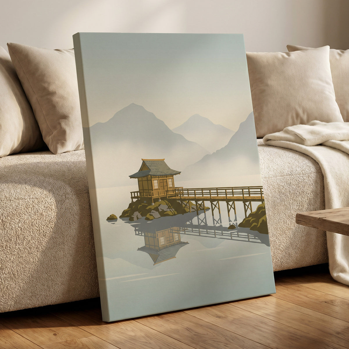Stillwater Pavilion, blue, gray, beige nature wall art displayed in a styled interior, gallery view 3