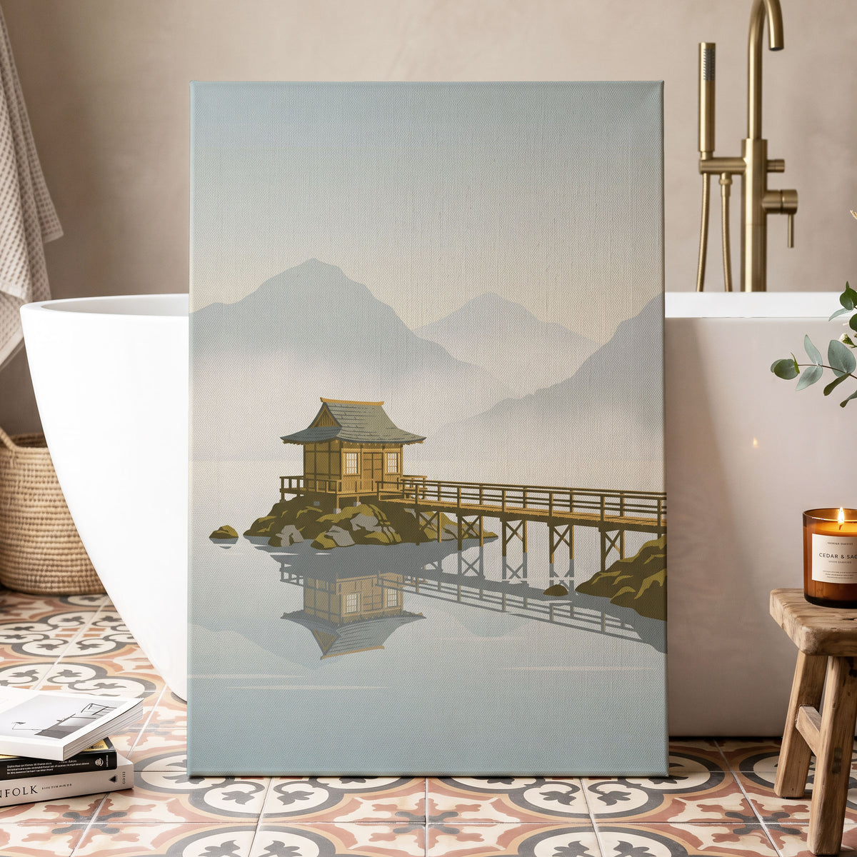Stillwater Pavilion, blue, gray, beige nature wall art displayed in a styled interior, gallery view 7